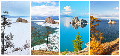 Baikal Lake. Collage of four seasonal images of famous Shamanka Rock - natural landmark of Olkhon Island and place of attraction for tourists at any time of year: winter, spring, summer, autumn