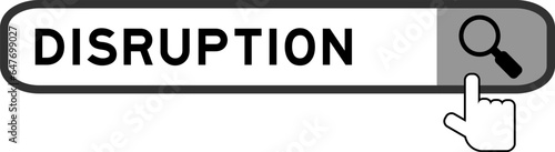 Search banner in word disruption with hand over magnifier icon on white background