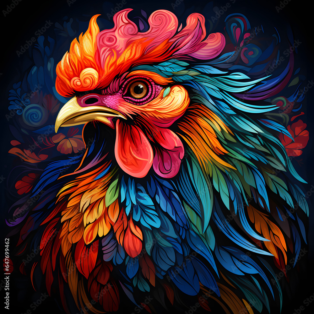 Colorful poster with rooster in vector design style isolated on black background