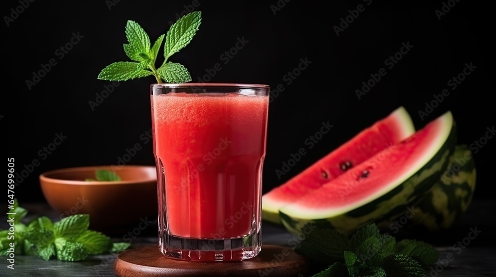 Glass of Freshly Squeezed Watermelon Juice with a Sprig of Mint, a Refreshing and Hydrating Summer Beverage