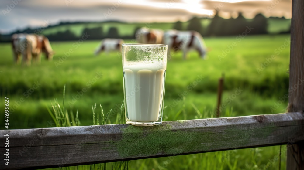 Glass of Milk Placed on a Wooden Fence with a Green Grass Background, a Rustic and Serene Scene Glass of Milk Placed on a Wooden Fence with a Green Grass Background, a Rustic and Serene Scene