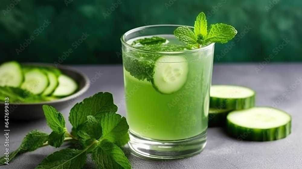 Glass of Refreshing Cucumber and Mint Juice Served with Slices of Cucumber and Mint Leaves, a Cooling and Rejuvenating Drink Glass of Refreshing Cucumber and Mint Juice Served with Slices of Cucumber and Mint Leaves, a Cooling and Rejuvenating Drink