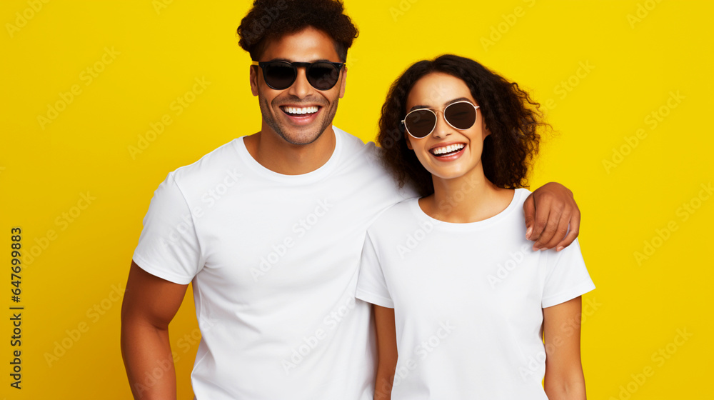 Two smiling people in white T-shirt on isolated yellow background. Copy space for logo or brand. Generative AI Two smiling people in white T-shirt on isolated yellow background. Copy space for logo or brand. Generative AI