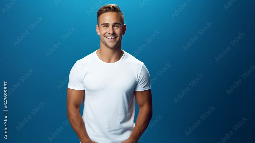 Smiling man in white T-shirt on isolated blue background. Copy space. Generative AI Smiling man in white T-shirt on isolated blue background. Copy space. Generative AI