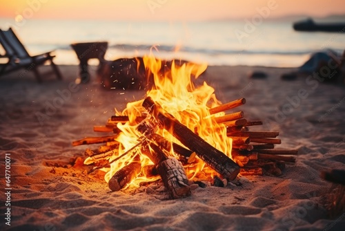 Burning campfire on the beach