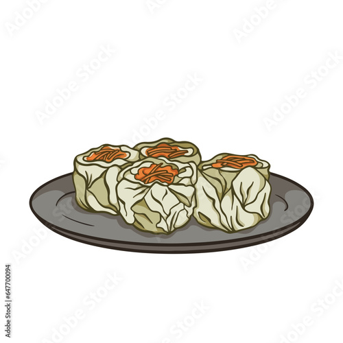 Shumai dimsum food vector illustration isolated on square white background. Delicious siomay ayam udang with orange carrot wortel topping on top. Simple flat cartoon art styled drawing. photo