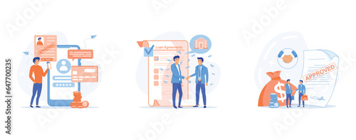 loan agreement concept, borrow money from the bank, get loan via smart phone application,  mortgage, debt or obligation, personal loan, set flat vector modern illustration 