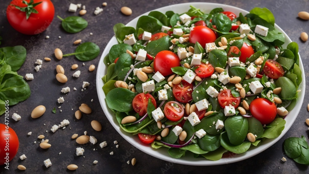 dietary salad with tomatoes, feta, lettuce, spinach and pine nuts. top view. 