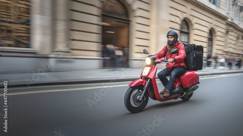 A food delivery driver, carrying a black thermal delivery backpack on his back, is en route to the customer's house on a red scooter, ensuring a fast and efficient home delivery of the merchandise.