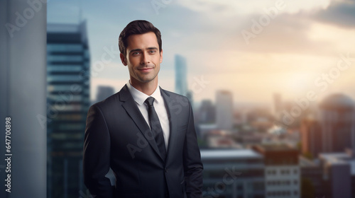 Smiling attractive businessman in formal business suit on blurred city background. Generative AI