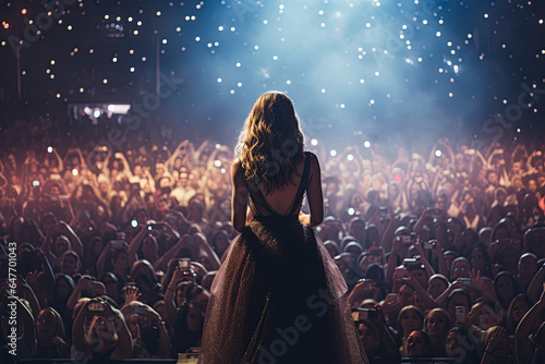 Back view of a beautiful female pop star singer giving music concert performance in a huge crowded stadium arena hall on a stage. AI Generative photo