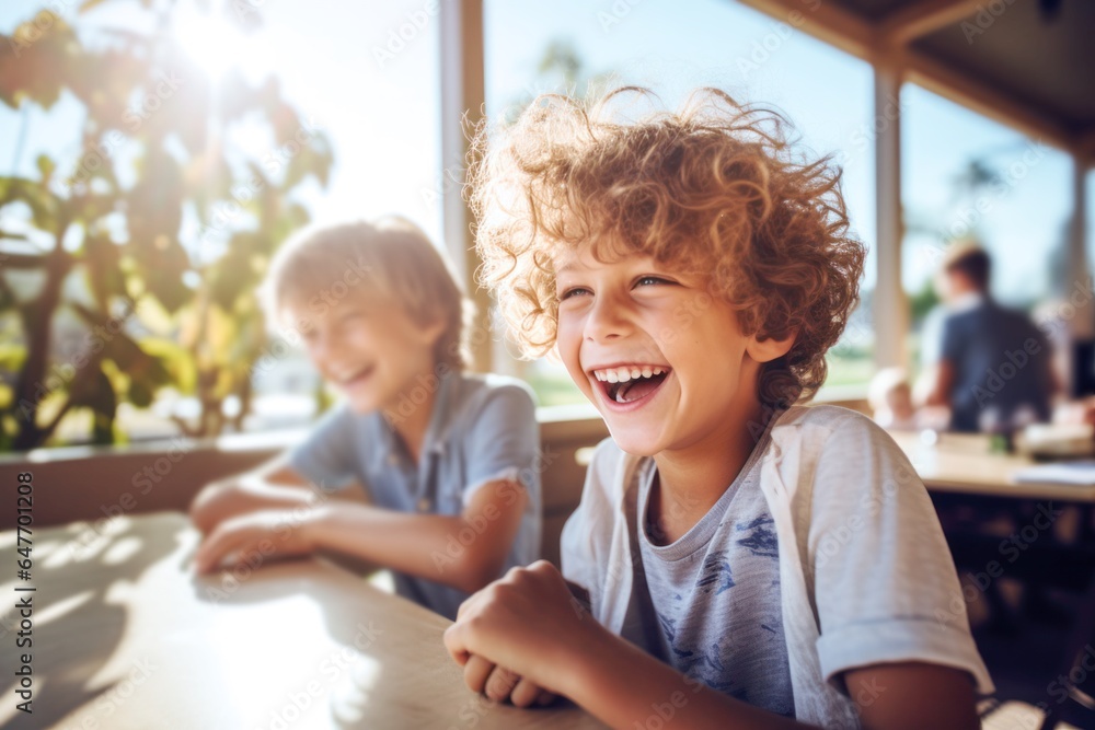 boy laughing while sitting with friend during lunch break at school boy laughing while sitting with friend during lunch break at school