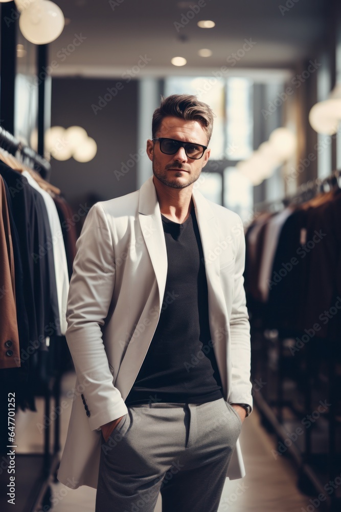 a handsome man is standing and looking to the camera in fashion boutique store a handsome man is standing and looking to the camera in fashion boutique store