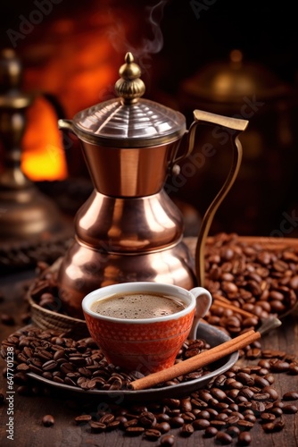 coffee cup and turkish coffee pot with roasted beans
