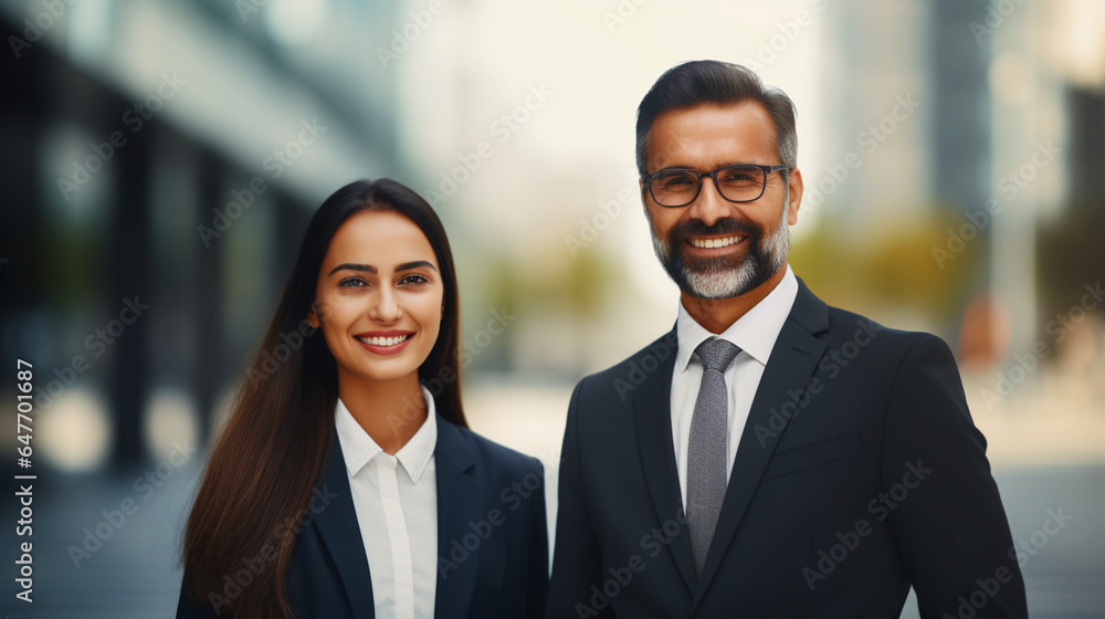 Smiling business people on blurred city background.  Generative AI