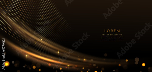Abstract elegant dark brown background with golden line and lighting effect sparkle. Luxury template award design.