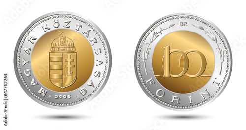 Reverse and obverse of Hungary coin, one hundred forint, isolated in white background. Vector illustration.