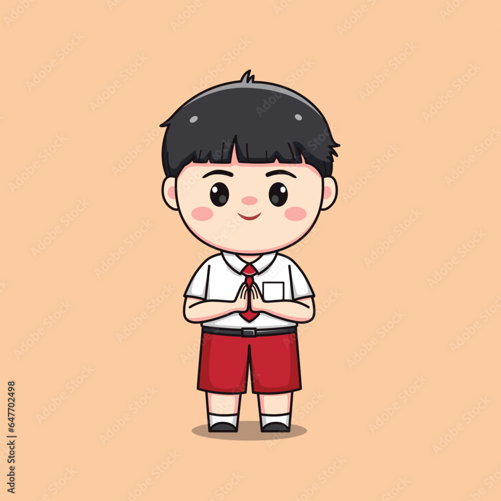 Indonesian student elementary school cute kawaii boy character