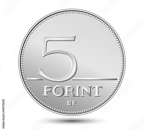 Reverse of Hungary coin, five forint, isolated in white background. Vector illustration.
