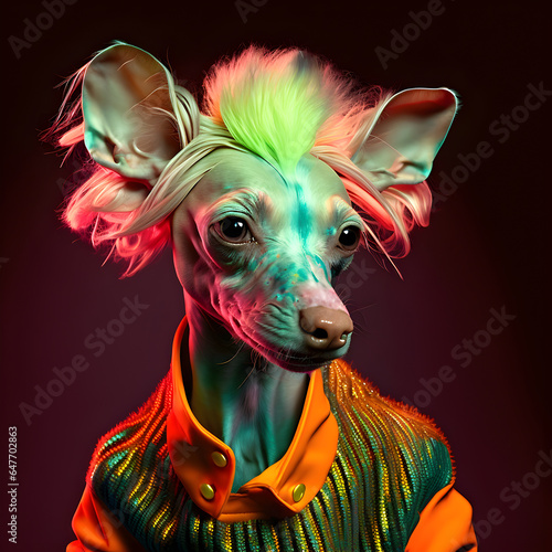 Realistic lifelike Chinese Crested dog puppy in fluorescent electric highlighters ultra-bright neon outfits, commercial, editorial advertisement, surreal surrealism. 80s Era comeback