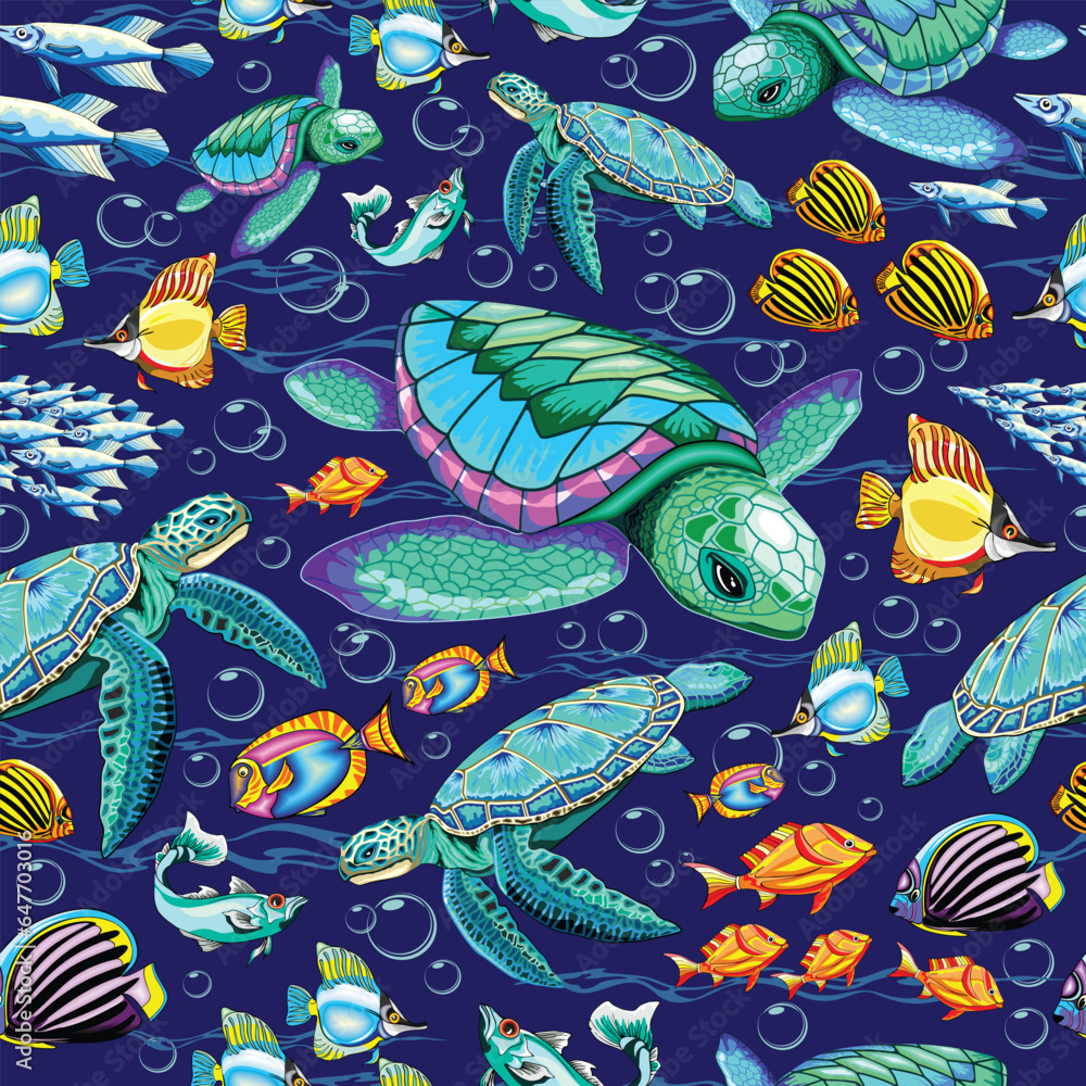 Obraz premium Sea Turtles Marine Life, fishes and Water Bubbles Vector Seamless Repeat Textile Pattern Design