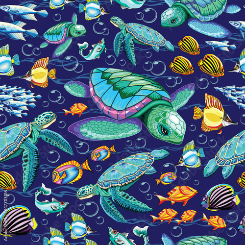Sea Turtles Marine Life, fishes and Water Bubbles Vector Seamless Repeat Textile Pattern Design (ID: 647703016)
