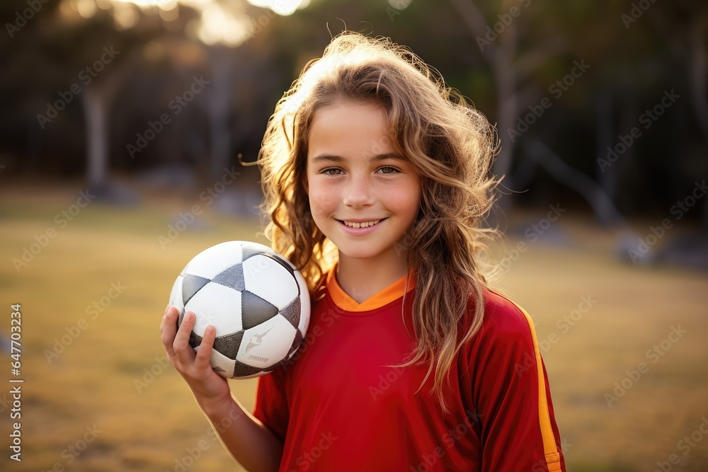 Portrait of teenage girl in red uniform holding soccer ball and smiling