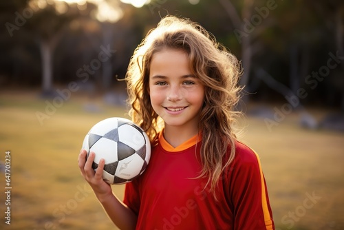 Portrait of teenage girl in red uniform holding soccer ball and smiling © Creative Clicks