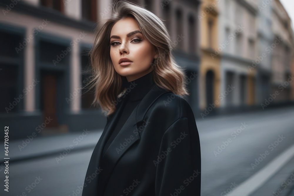 Beautiful long hair female in a black coat standing on city street. Generative AI