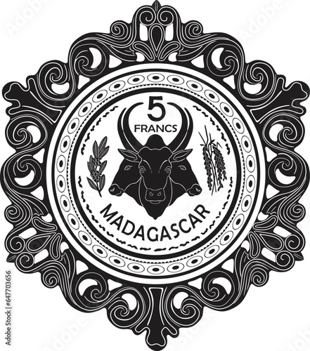 Madagascar coin 5 francs with vintage frame vector design.