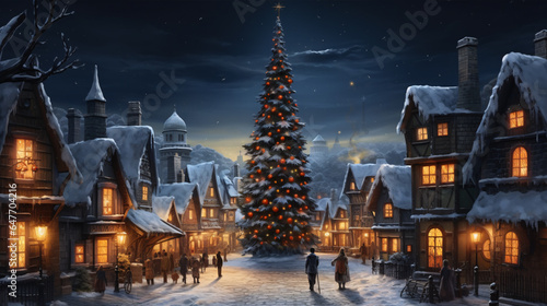 Christmas village with Christmas tree. Winter snowy small cozy street with lights in houses. Winter holidays night time backdrop. Merry Christmas vintage retro illustration background.