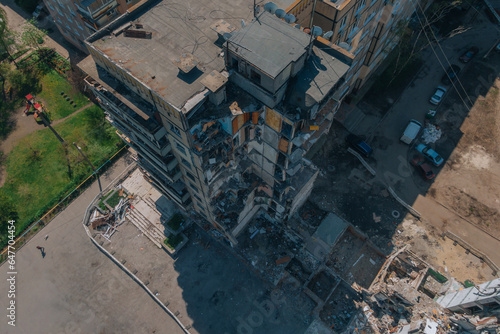 A Russian rocket flew into a residential building in the city of Dnipro, Ukraine. A residential building destroyed by an explosion after a Russian missile attack from above. Scars of war. © Denis Chubchenko