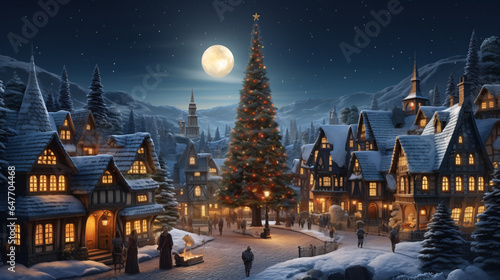 Christmas village with Christmas tree. Winter snowy small cozy street with lights in houses. Winter holidays night time backdrop. Merry Christmas vintage retro illustration background. © ckybe