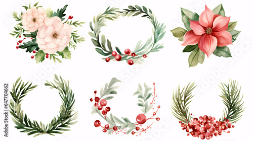 Watercolor drawing. Set of Christmas wreaths. New Year's festive wreaths, round frames of green and red color from leaves and coniferous branches with red berries.