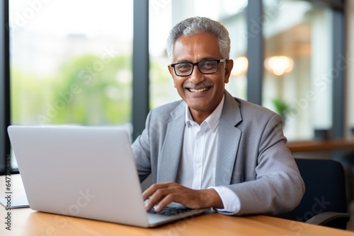 Smiling busy older professional business man working on laptop sitting at desk. Older mature Indian businessman, happy male executive manager typing on computer using pc technology in office