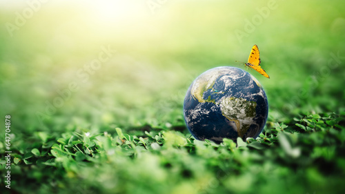 globe on the ground in the forest and sunny bright green background, world earth day, save environment and planet, clean ecology , energy saving concept. Elements of this image furnished by NASA.