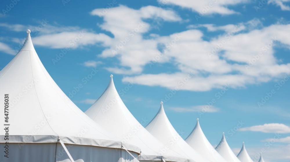 Row of white tent tops under a blue sky background. - obrazy, fototapety, plakaty 