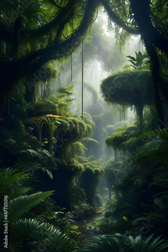 The scene unfolds deep within the heart of a lush  verdant jungle. Towering trees draped with vines create a canopy that filters the sunlight  casting dappled shadows on the forest floor.