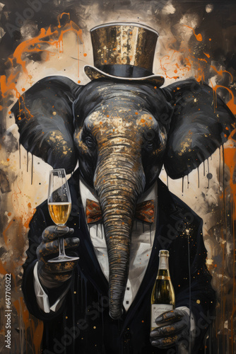 Graffiti-inspired portrait of a festive elephant in dark black and gold, wearing a party hat and holding champagne, set against a carnivalesque urban decay backdrop.