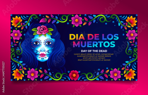 Dia De Muertos Social Media Poster with La Calavera Catrina and mexican folk art  decorative frame