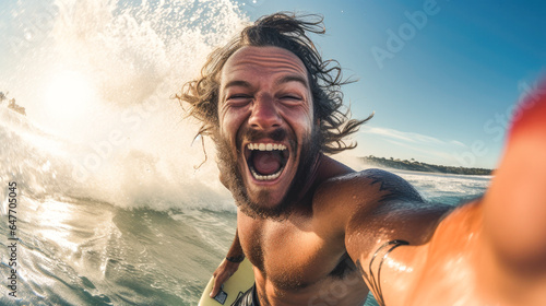 handsome young surfer smiling and taking a selfie while surfing a wave on a summer day