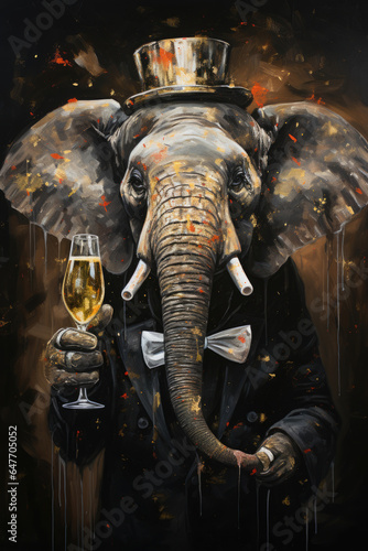 Graffiti-inspired portrait of a festive elephant in dark black and gold, wearing a party hat and holding champagne, set against a carnivalesque urban decay backdrop.