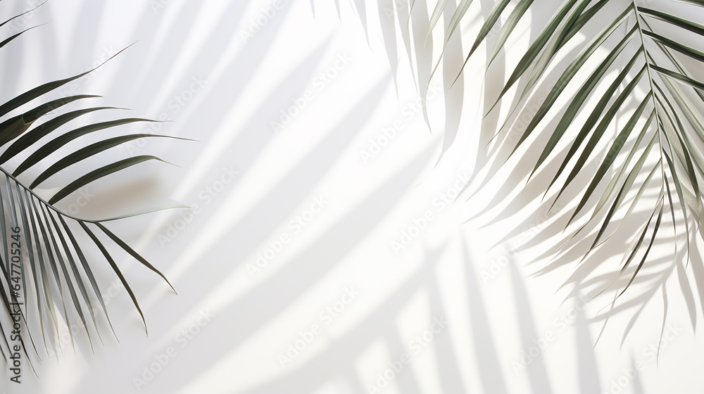 Fototapeta premium Fundo de verão de folhas de palmeira de sombras em uma parede branca
