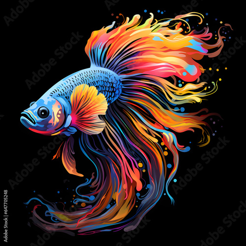 Colorful poster with gold fish in vector design style isolated on black background