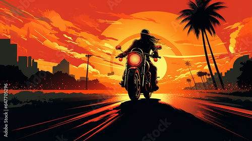 Ilustração do estilo dos anos 70 com vibrações de verão com motociclista dirigindo ao pôr do sol