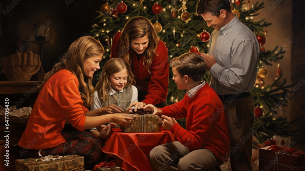 Family Traditions: Capturing the heartwarming moment of a family gathered around the Christmas tree, exchanging gifts and sharing laughter filled with joy.
