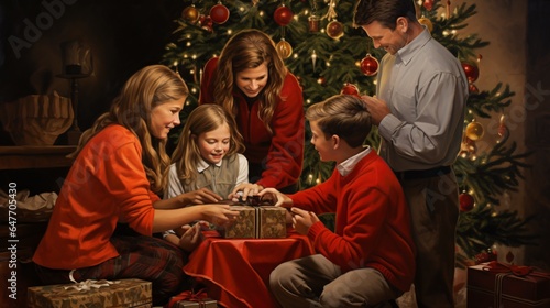 Family Traditions: Capturing the heartwarming moment of a family gathered around the Christmas tree, exchanging gifts and sharing laughter filled with joy. © ckybe