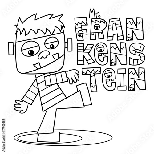 Illustration in black and white of Frankenstein's monster walking and some monstrous letters with his name, Halloween drawing, coloring page