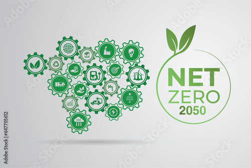iconic interconnected gears and with carbon neutral concept. Net zero greenhouse gas emissions target