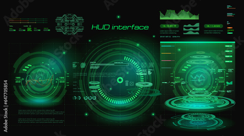 Futuristic green HUD interface. Custom panel with green hologram, portals and object scanning radar. Virtual graphical interface for gamers. Virtual dashboard or green target HUD